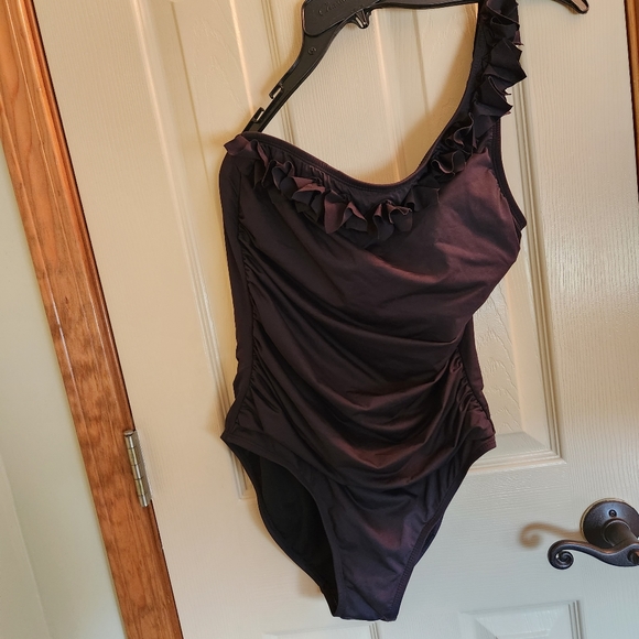 Kenneth Cole one shoulder one piece bathing suit swimwear 8-10 floral ruffle - Picture 2 of 13